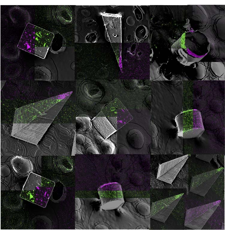 nine-square mosaic of cubic, triangular, pyramidal, and cylindrical structures. Each square shows the view split three ways between green, magenta, and grayscale